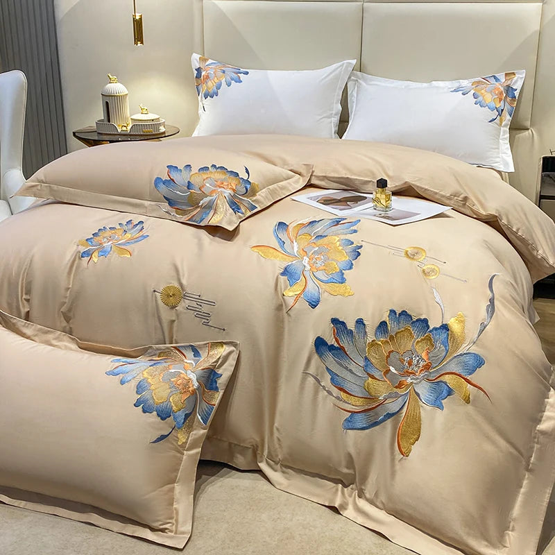 Embroidered Egyptian Cotton Bedding Set 1000TC | Blue Lotus in Champagne