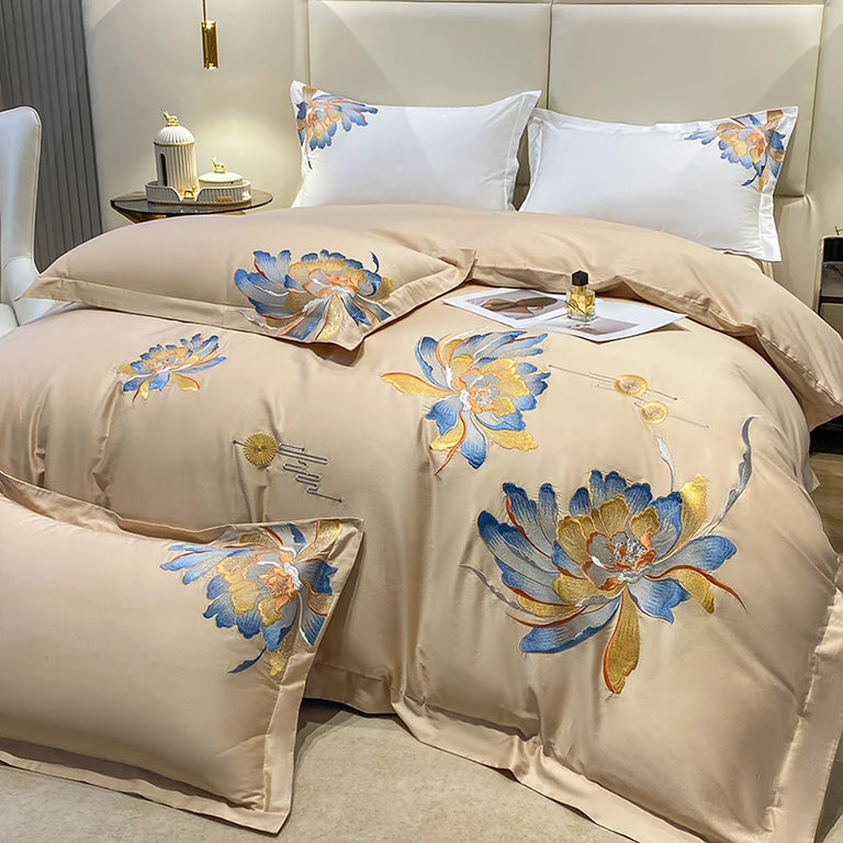 Embroidered Egyptian Cotton Bedding Set 1000TC | Blue Lotus in Champagne