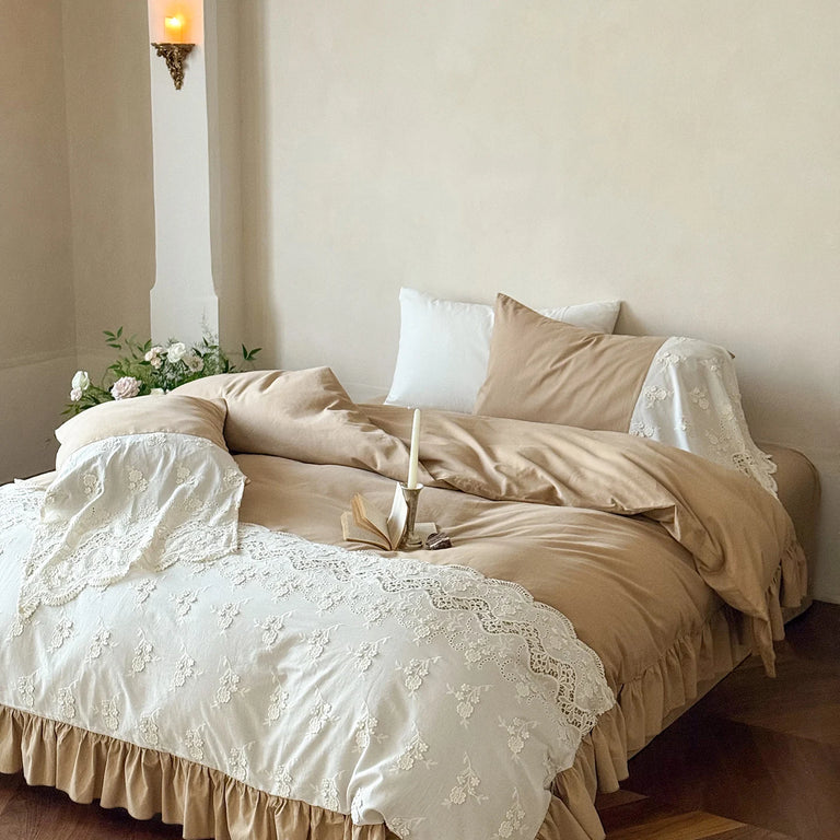 Embroidered Egyptian Cotton Bedding Set 1000TC | Caramel Frill bedding angle view