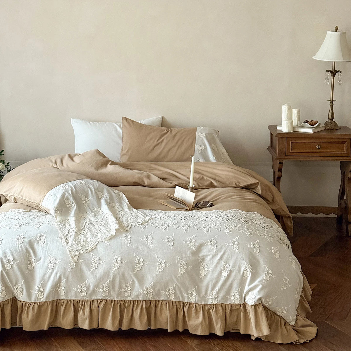 Embroidered Egyptian Cotton Bedding Set 1000TC | Caramel Frill on double bed
