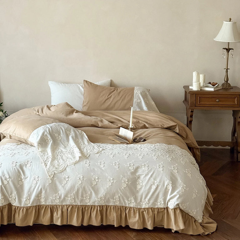 Embroidered Egyptian Cotton Bedding Set 1000TC | Caramel Frill on double bed