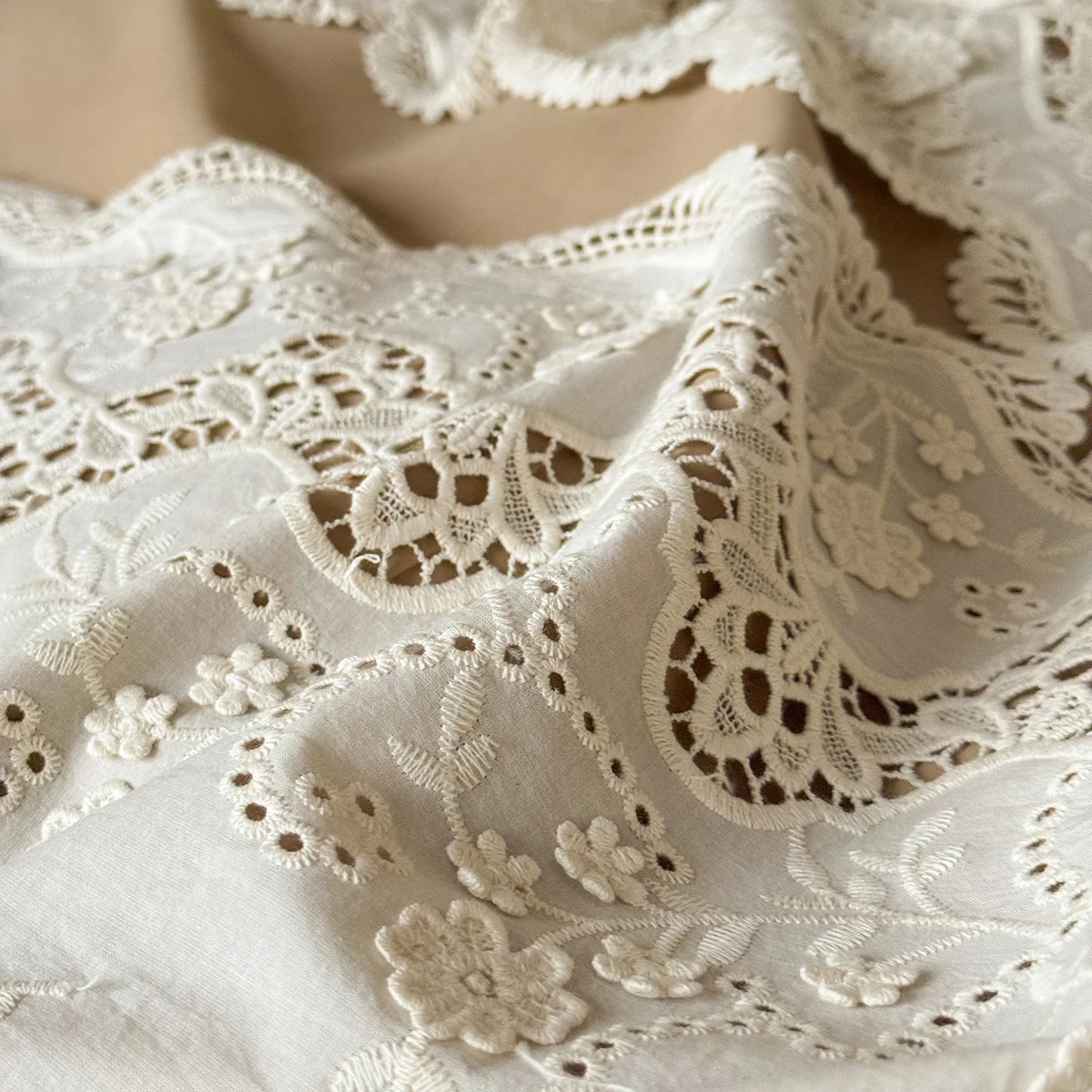 Embroidered Egyptian Cotton Bedding Set 1000TC | Caramel Frill open work embroidery close up