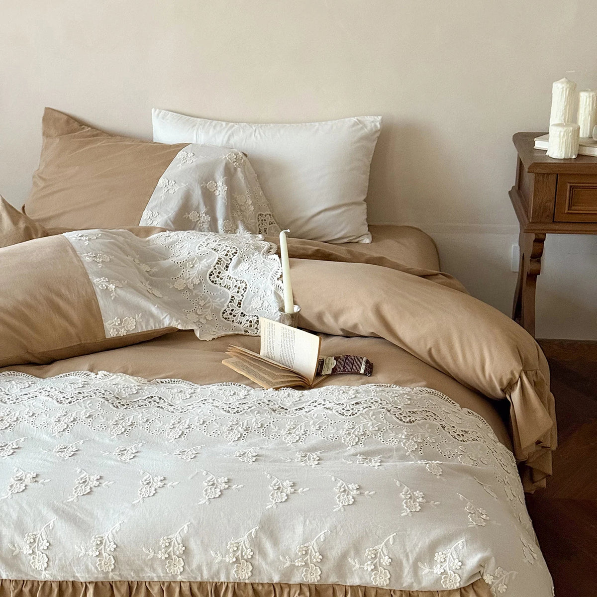 Embroidered Egyptian Cotton Bedding Set 1000TC | Caramel Frill duvet cover front view