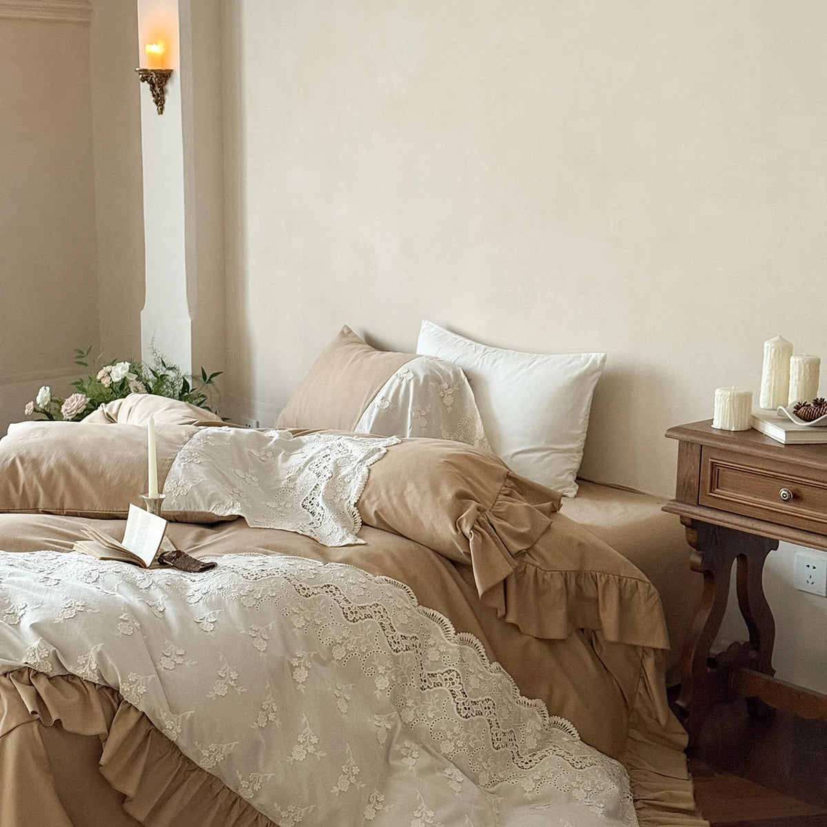 Embroidered Egyptian Cotton Bedding Set 1000TC | Caramel Frill bedding side view