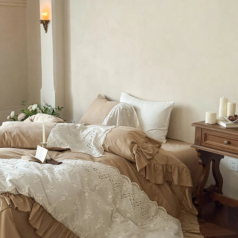 Embroidered Egyptian Cotton Bedding Set 1000TC | Caramel Frill bedding side view