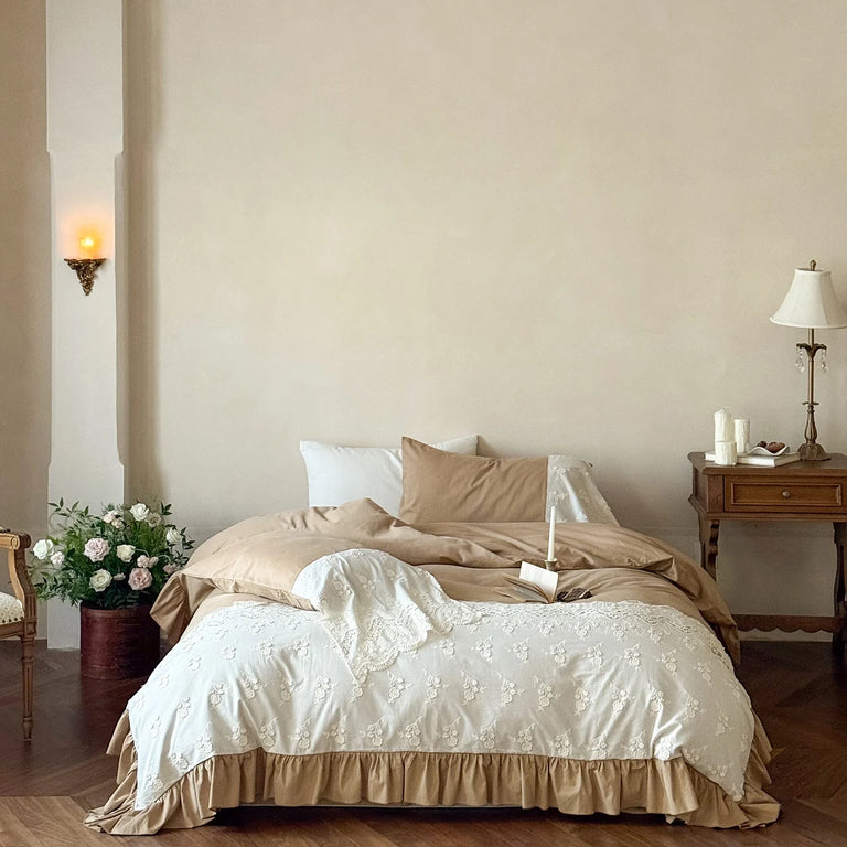 Embroidered Egyptian Cotton Bedding Set 1000TC | Caramel Frill bedding wide view