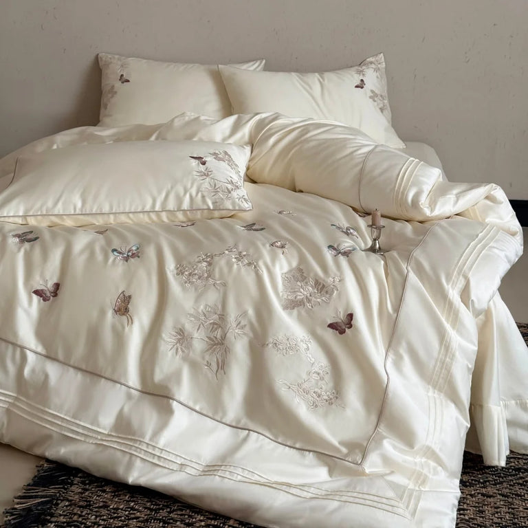 Embroidered Egyptian Cotton Bedding Set 1000TC | Cream Butterfly on double bed