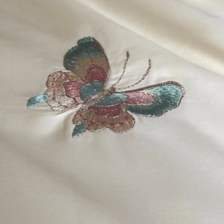 Embroidered Egyptian Cotton Bedding Set 1000TC | Cream Butterfly butterfly close up