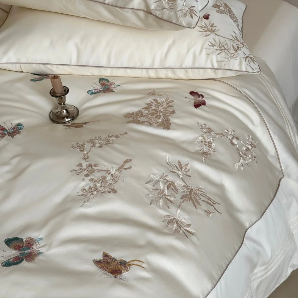 Embroidered Egyptian Cotton Bedding Set 1000TC | Cream Butterfly - Egyptian Bedding