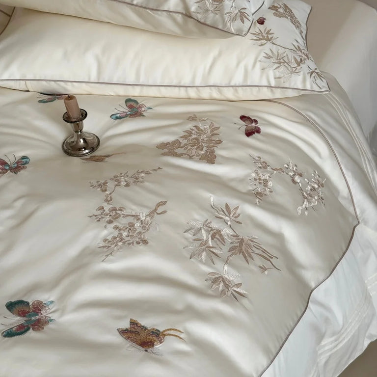 Embroidered Egyptian Cotton Bedding Set 1000TC | Cream Butterfly butterfly embroidery on duvet cover