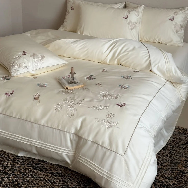 Embroidered Egyptian Cotton Bedding Set 1000TC | Cream Butterfly bedding front view