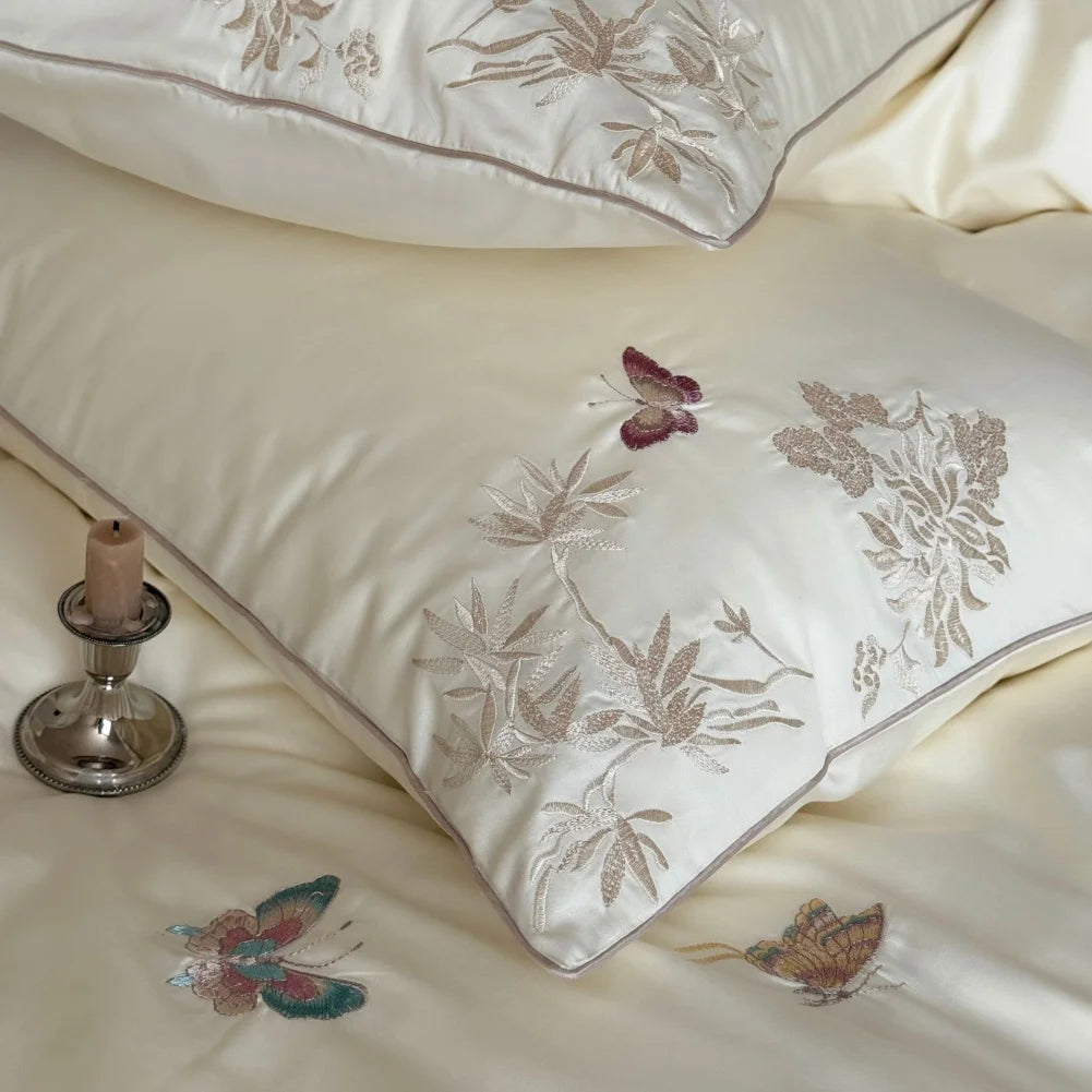Embroidered Egyptian Cotton Bedding Set 1000TC | Cream Butterfly pillowcases with butterflies