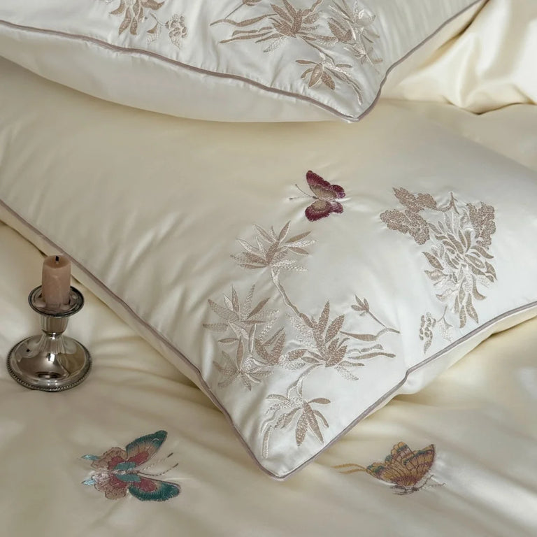 Embroidered Egyptian Cotton Bedding Set 1000TC | Cream Butterfly pillowcases with butterflies