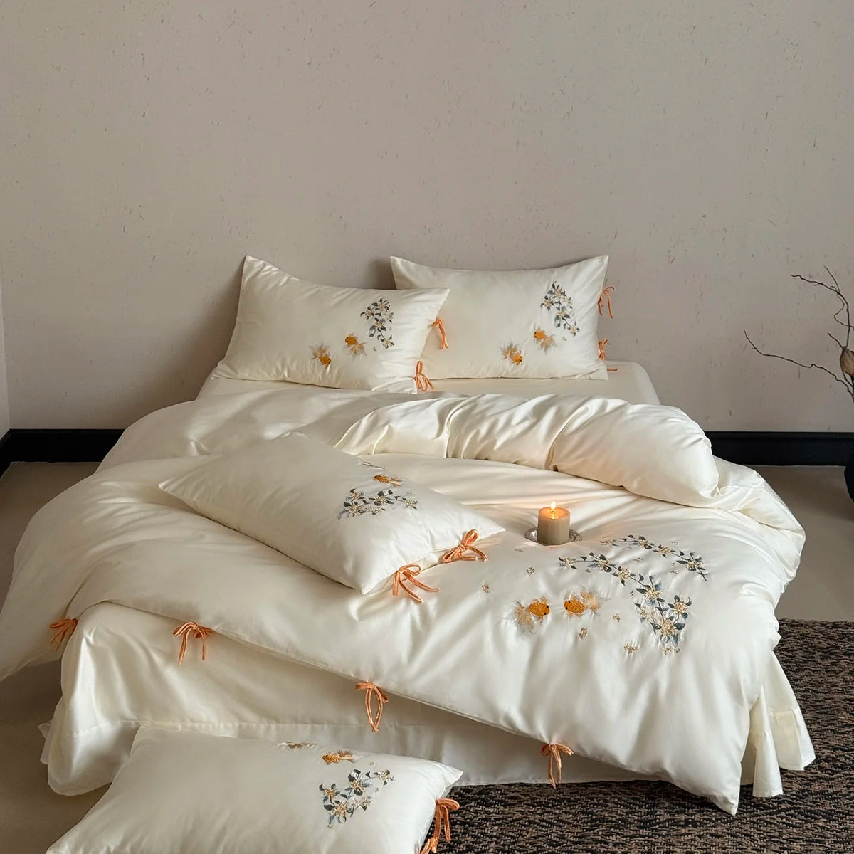 Embroidered Egyptian Cotton Bedding Set 1000TC | Ivory Embroidery on double bed