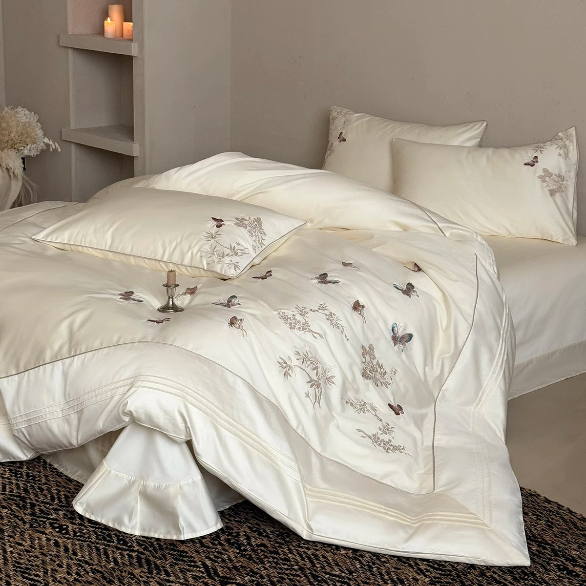 Embroidered Egyptian Cotton Bedding Set 1000TC | Ivory Embroidery in Butterfly Ivory