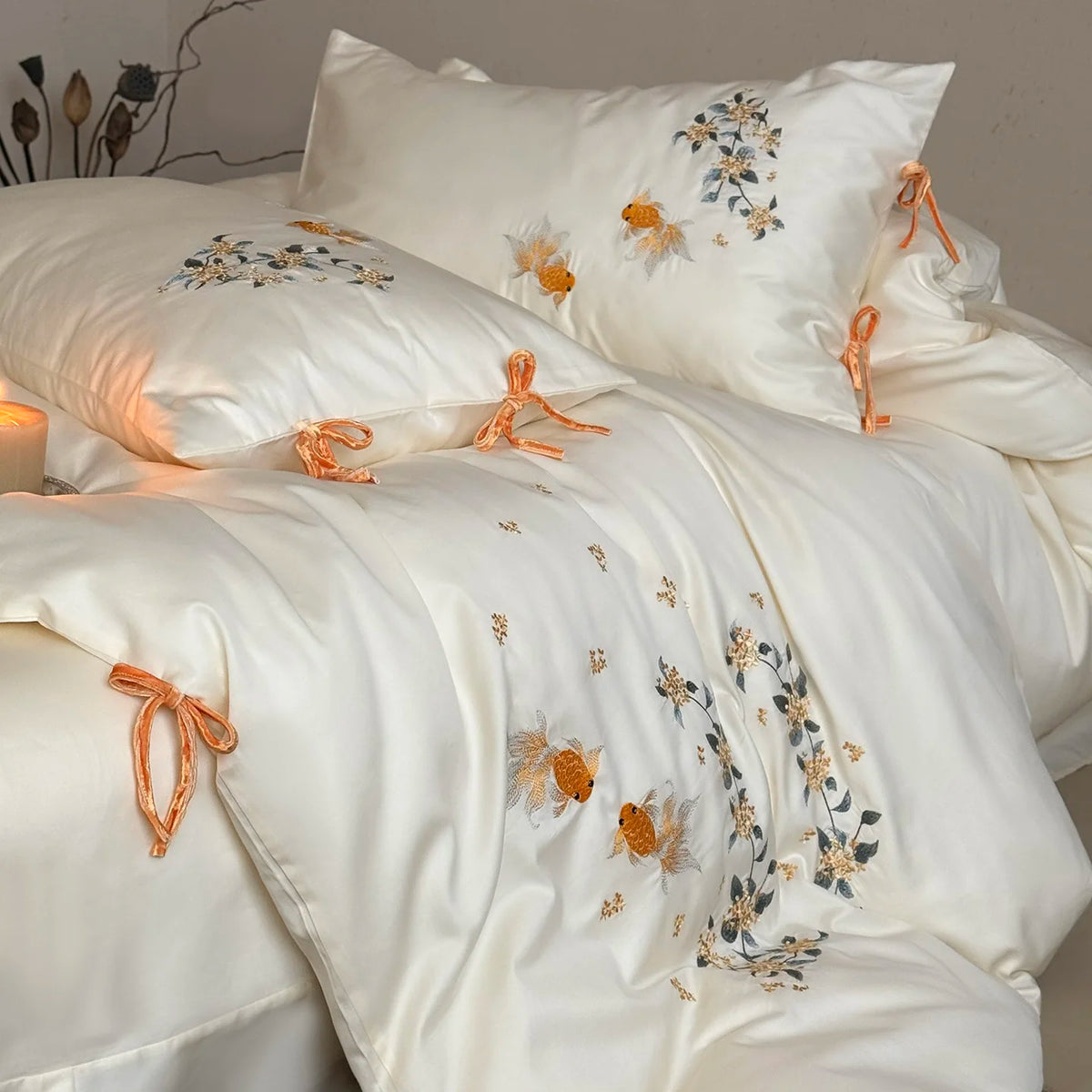 Embroidered Egyptian Cotton Bedding Set 1000TC | Ivory Embroidery pillowcase and ribbon bows