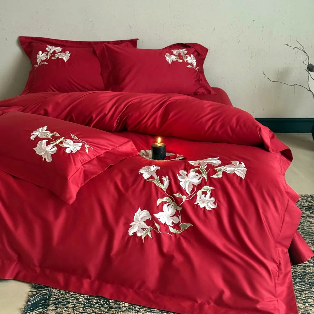 Embroidered Egyptian Cotton Bedding Set 1000TC | Red Lily on double bed