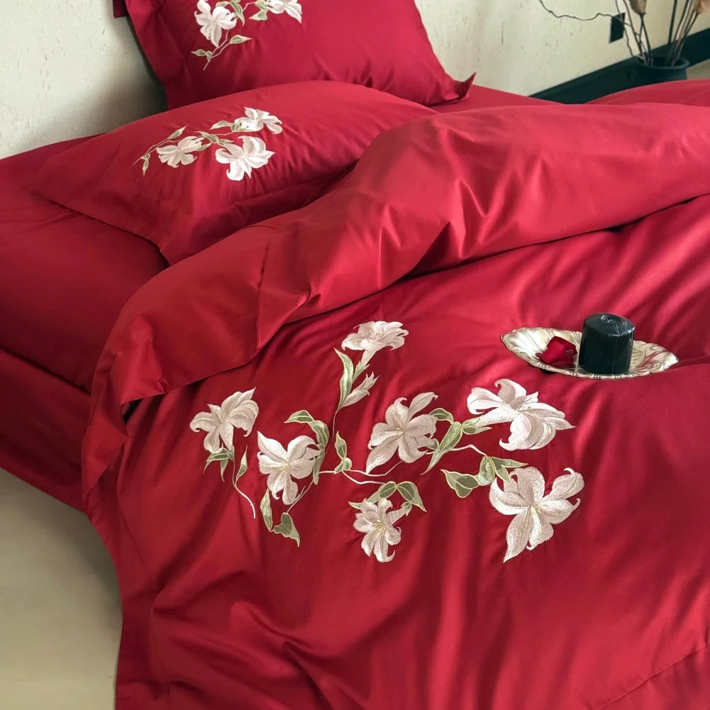 Embroidered Egyptian Cotton Bedding Set 1000TC | Red Lily duvet cover close up