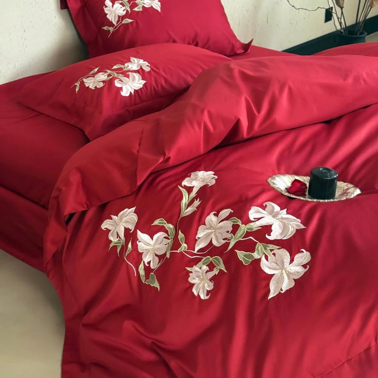 Embroidered Egyptian Cotton Bedding Set 1000TC | Red Lily duvet cover close up