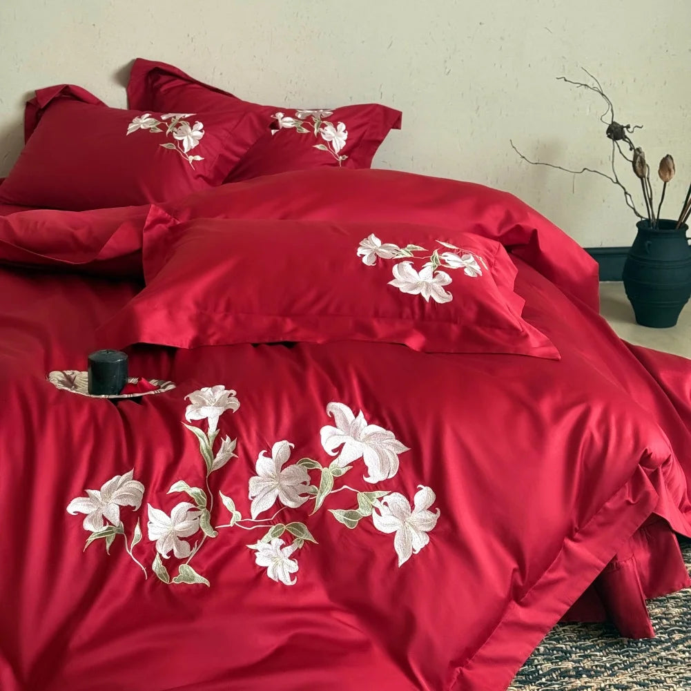 Embroidered Egyptian Cotton Bedding Set 1000TC | Red Lily bedding front view