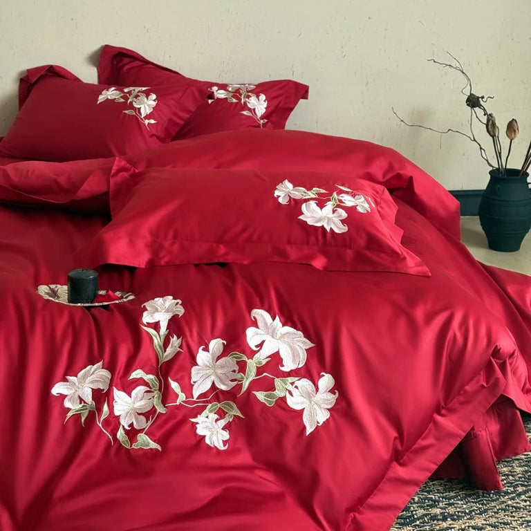 Embroidered Egyptian Cotton Bedding Set 1000TC | Red Lily bedding front view
