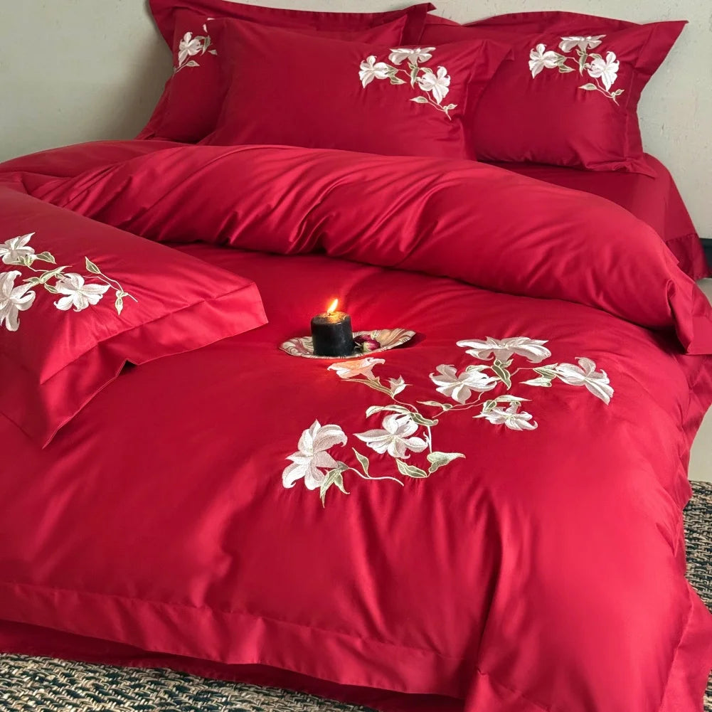 Embroidered Egyptian Cotton Bedding Set 1000TC | Red Lily pillowcases and duvet cover