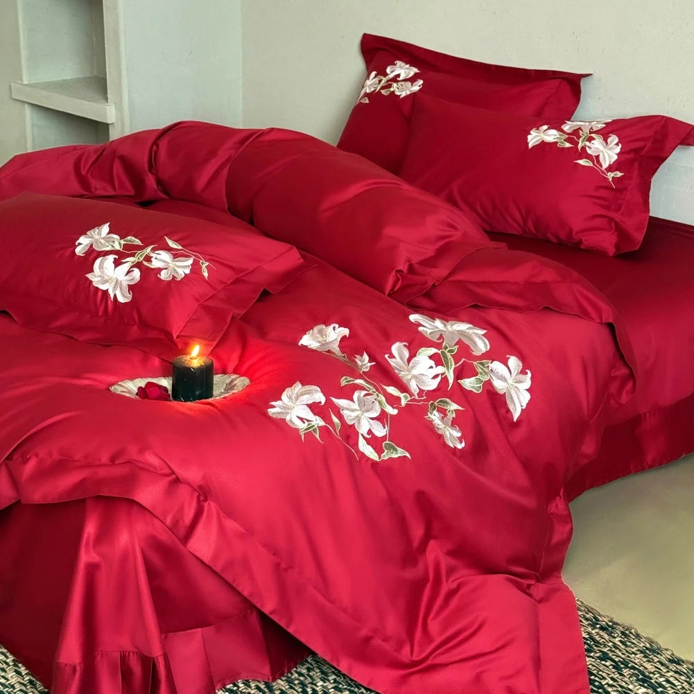 Embroidered Egyptian Cotton Bedding Set 1000TC | Red Lily bedding side view