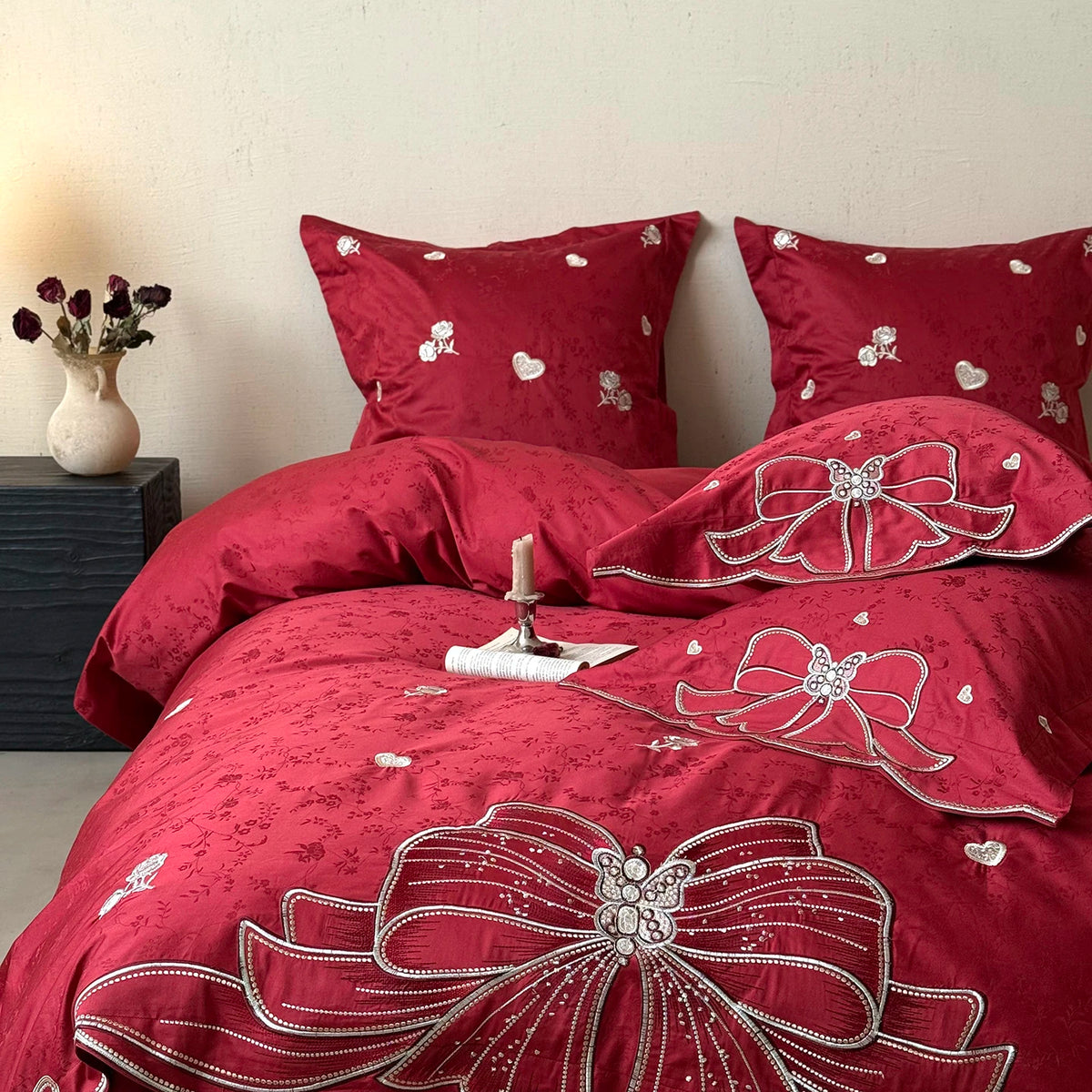 Embroidered Egyptian Cotton Bedding Set 1000TC | Scarlet Bow duvet cover angle view