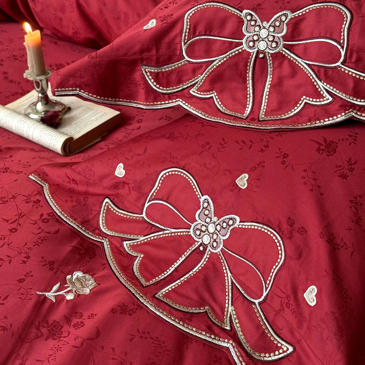 Embroidered Egyptian Cotton Bedding Set 1000TC | Scarlet Bow bow embroidery close up