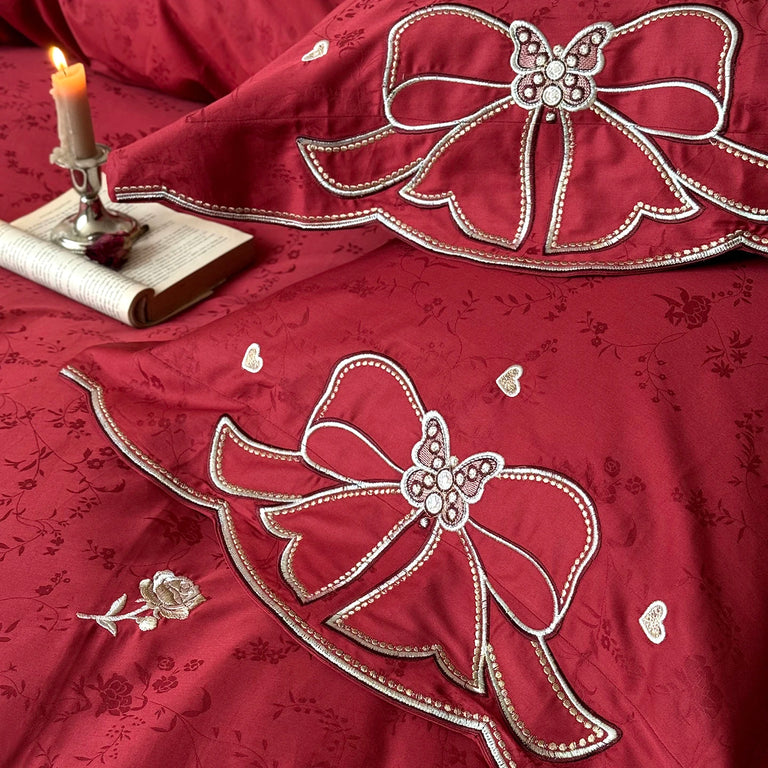 Embroidered Egyptian Cotton Bedding Set 1000TC | Scarlet Bow bow embroidery close up
