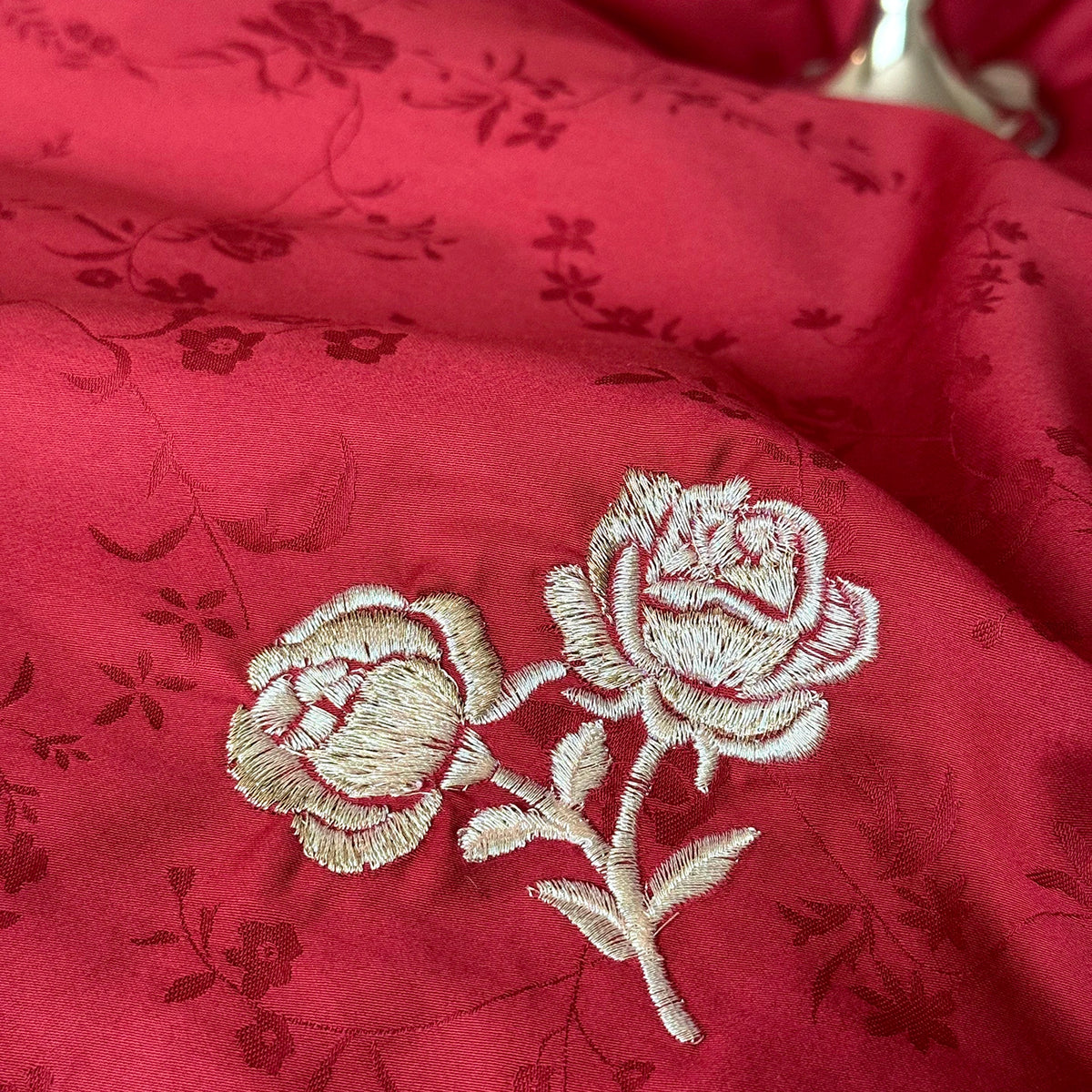 Embroidered Egyptian Cotton Bedding Set 1000TC | Scarlet Bow rose embroidery close up