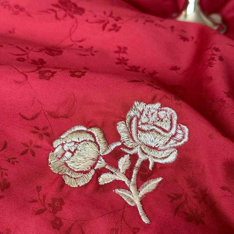 Embroidered Egyptian Cotton Bedding Set 1000TC | Scarlet Bow rose embroidery close up