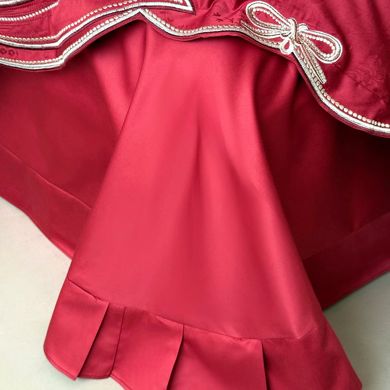 Embroidered Egyptian Cotton Bedding Set 1000TC | Scarlet Bow red sheet close up