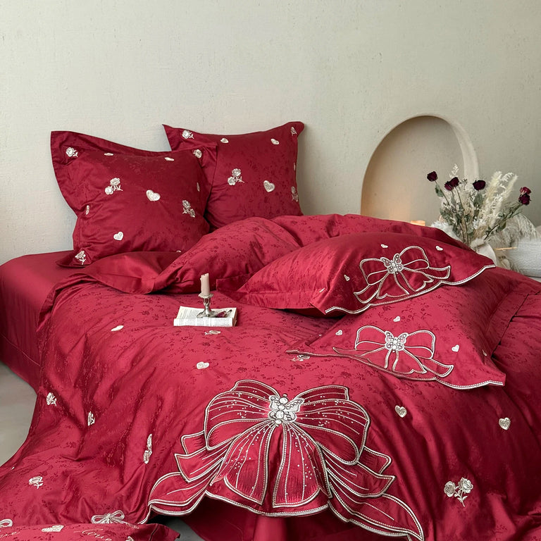 Embroidered Egyptian Cotton Bedding Set 1000TC | Scarlet Bow bedding side view