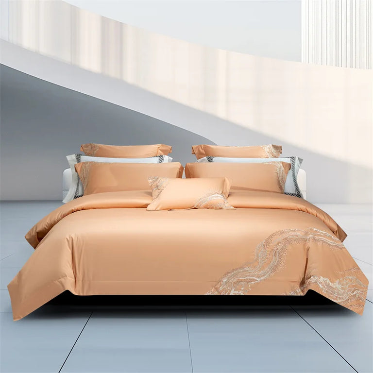 Embroidered Egyptian Cotton Bedding Set 1000TC | Soft Waves in Apricot