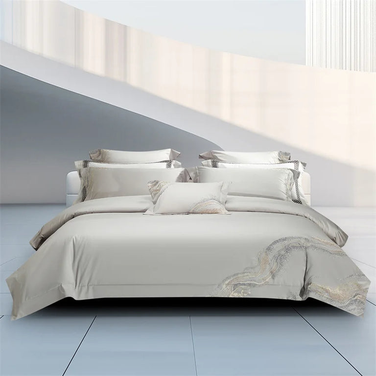 Embroidered Egyptian Cotton Bedding Set 1000TC | Soft Waves on double bed