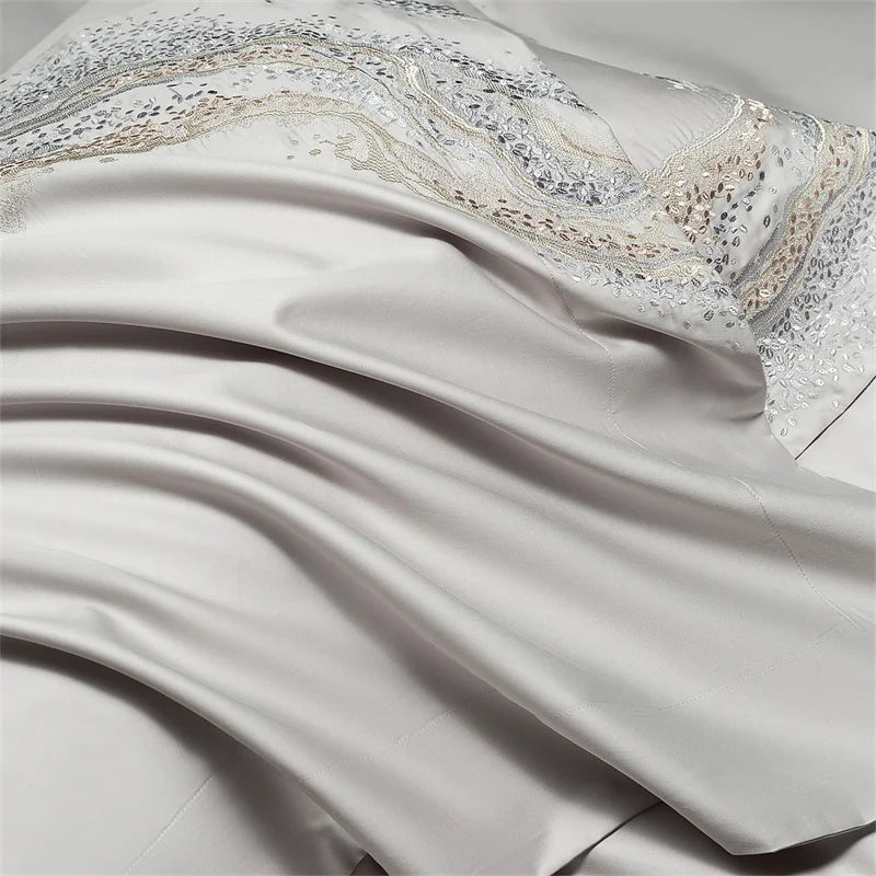 Embroidered Egyptian Cotton Bedding Set 1000TC | Soft Waves embroidery close up