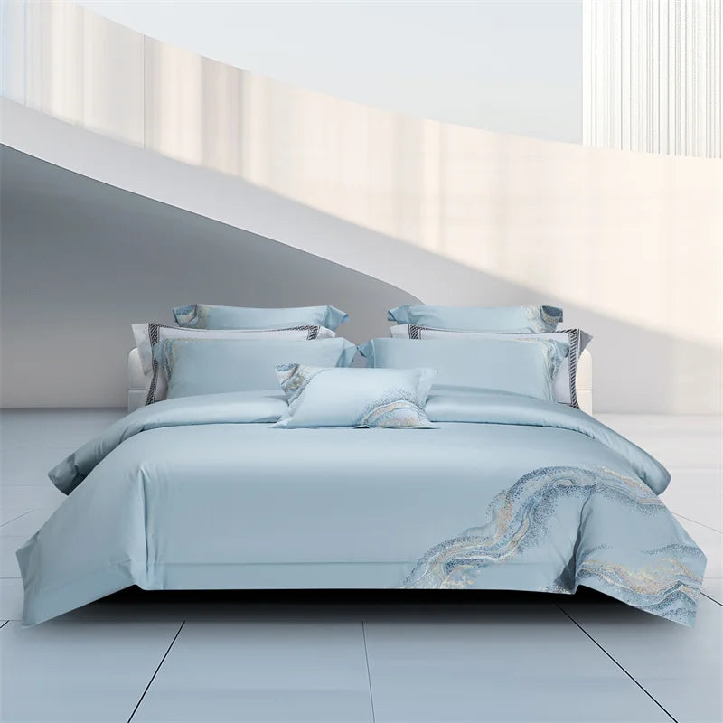 Embroidered Egyptian Cotton Bedding Set 1000TC | Soft Waves in Powder Blue
