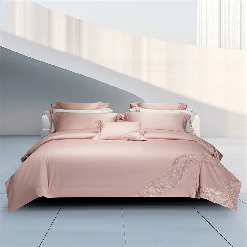 Embroidered Egyptian Cotton Bedding Set 1000TC | Soft Waves in Rose Pink