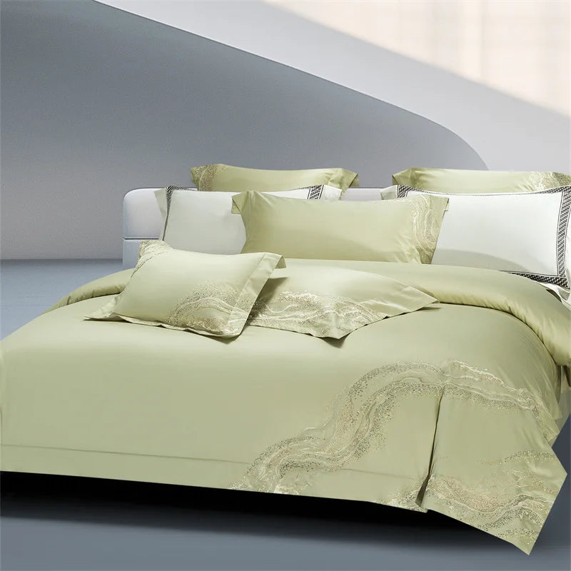 Embroidered Egyptian Cotton Bedding Set 1000TC | Soft Waves in Soft Green
