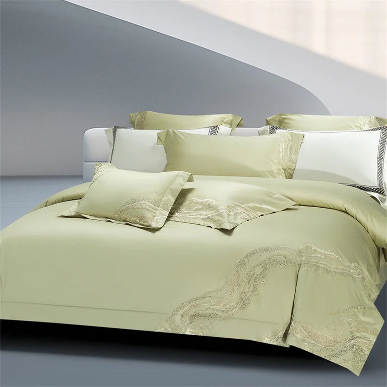 Embroidered Egyptian Cotton Bedding Set 1000TC | Soft Waves in Soft Green
