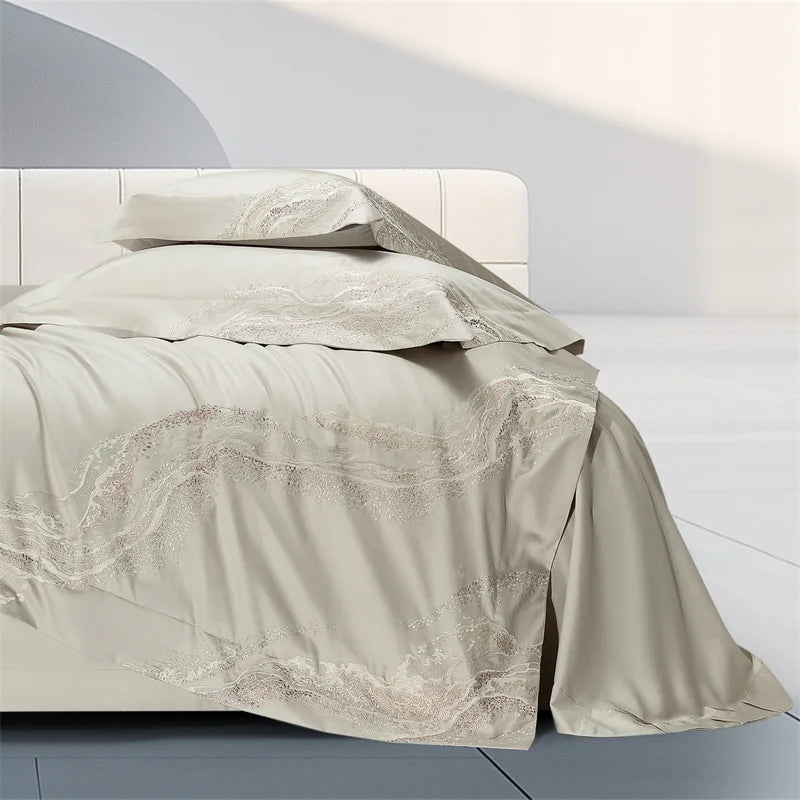 Embroidered Egyptian Cotton Bedding Set 1000TC | Soft Waves in Stone Beige