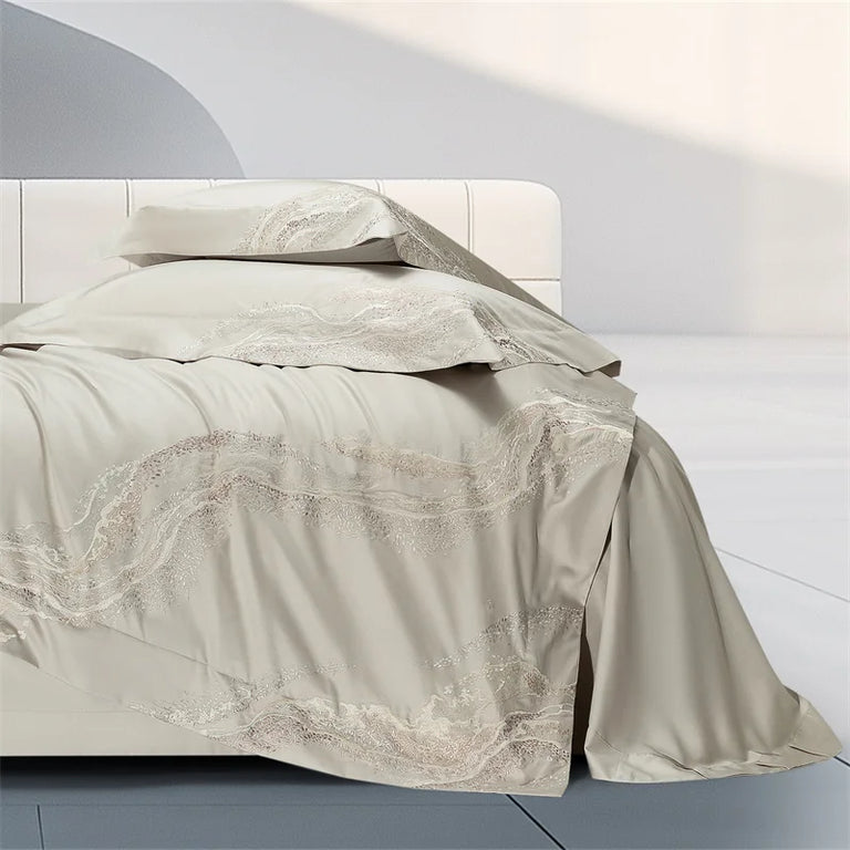 Embroidered Egyptian Cotton Bedding Set 1000TC | Soft Waves in Stone Beige