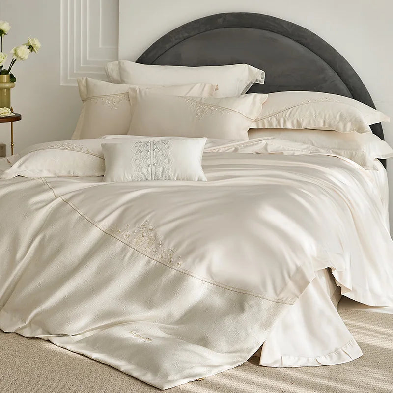Embroidered Egyptian Cotton Bedding Set 1200TC | Diagonal Bloom on double bed