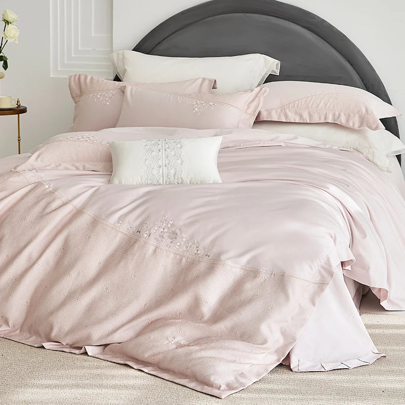 Embroidered Egyptian Cotton Bedding Set 1200TC | Diagonal Bloom in Blush Pink
