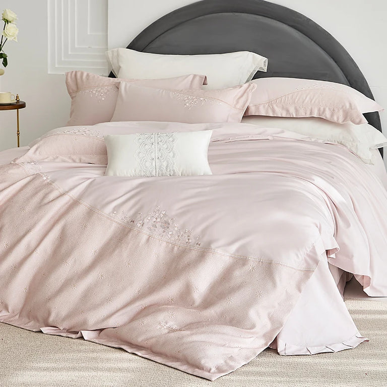 Embroidered Egyptian Cotton Bedding Set 1200TC | Diagonal Bloom in Blush Pink