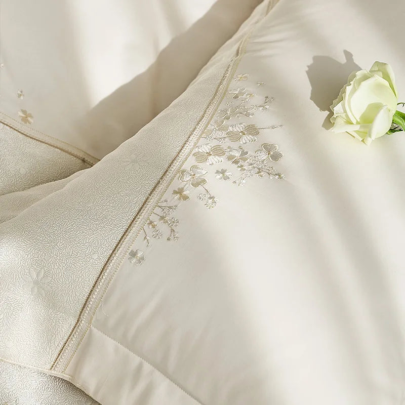 Embroidered Egyptian Cotton Bedding Set 1200TC | Diagonal Bloom pillowcase embroidery close up