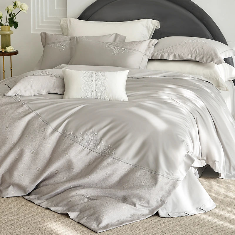 Embroidered Egyptian Cotton Bedding Set 1200TC | Diagonal Bloom in Silver Grey