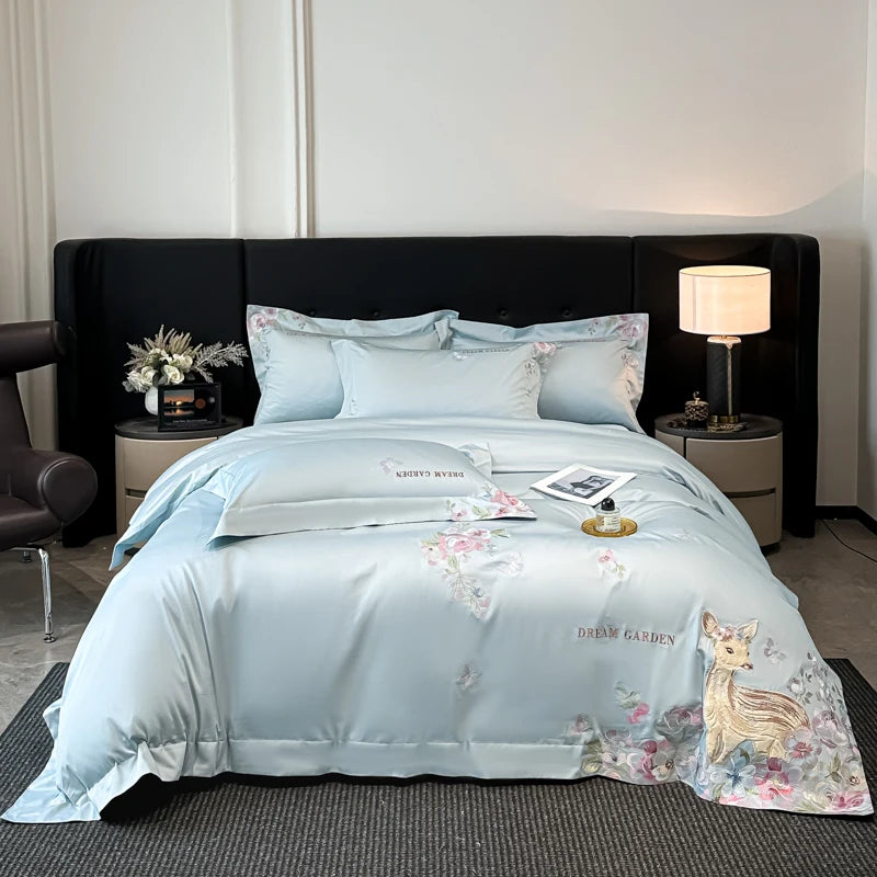 Embroidered Egyptian Cotton Bedding Set 800TC | Fawn Garden on double bed