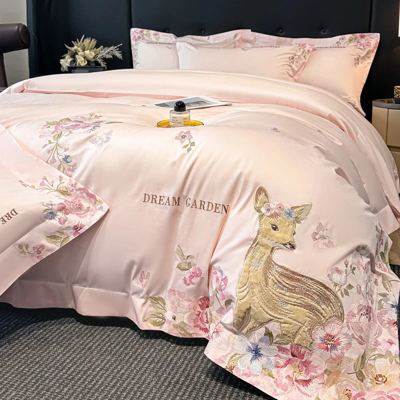 Embroidered Egyptian Cotton Bedding Set 800TC | Fawn Garden in Blush Pink